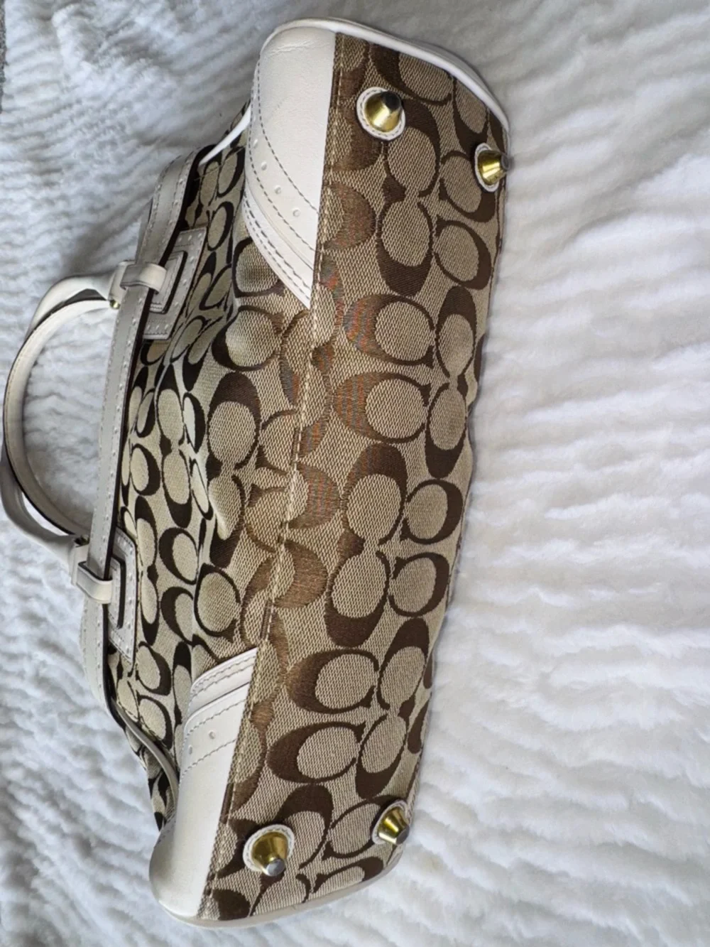 Vintage Coach Signature Canvas Satchel in Khaki and White Trim - Picture 15 of 16